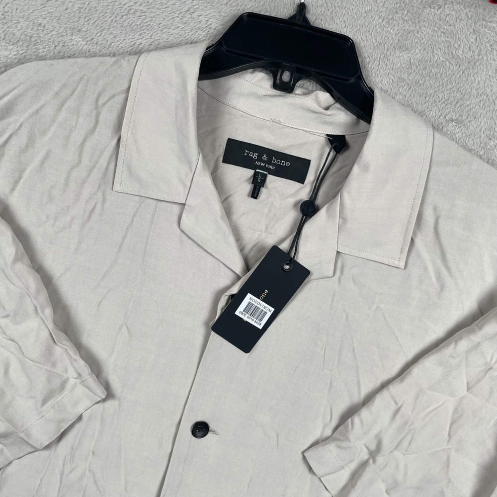 New Rag & Bone Avery Shirt Mens Large Beige Short Sleeve Viscose Camp Collar